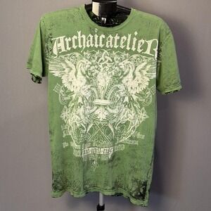 Archaicatelier Shirt Mens Large Green Gothic Eagle Allover Graphic Tee USA